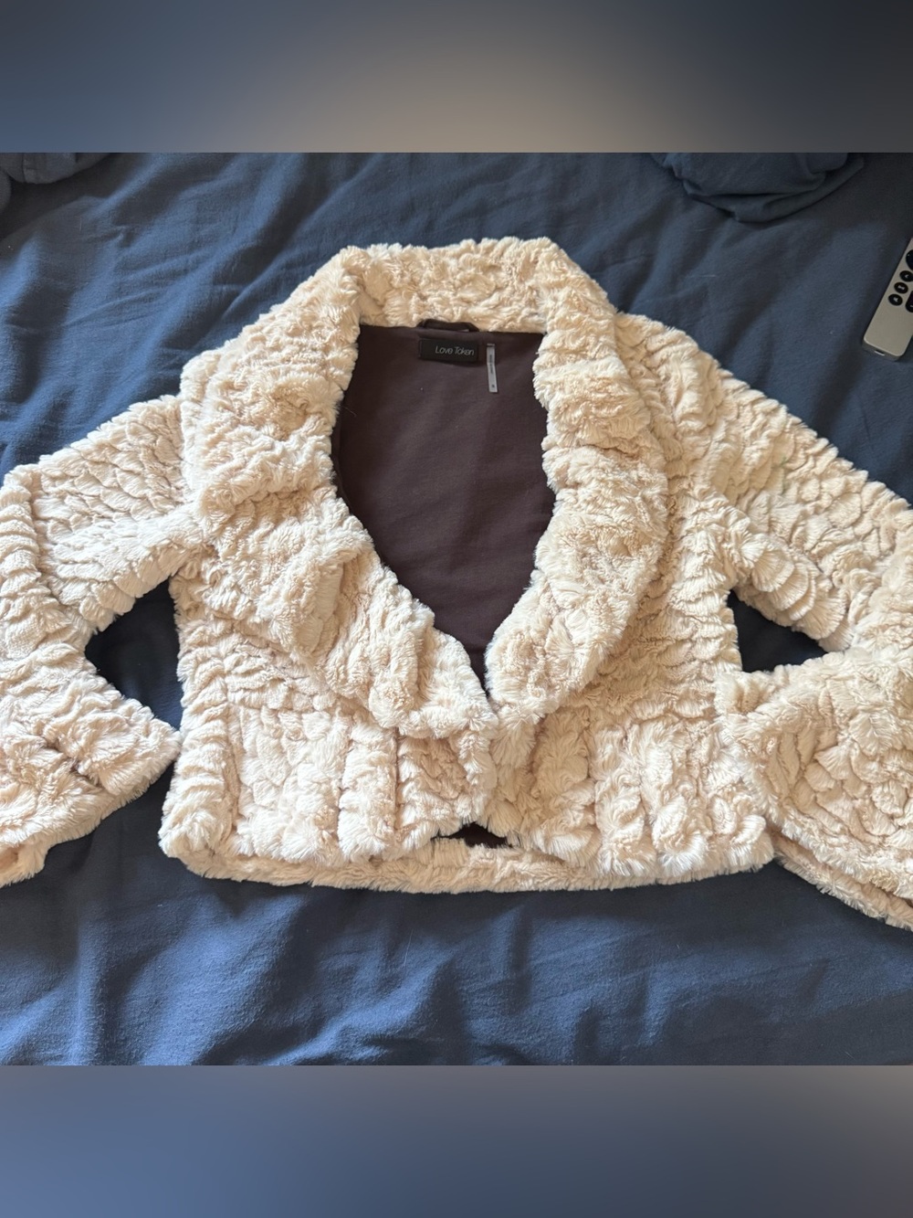Love Token Cream Faux Fur Cropped Teddy Jacket